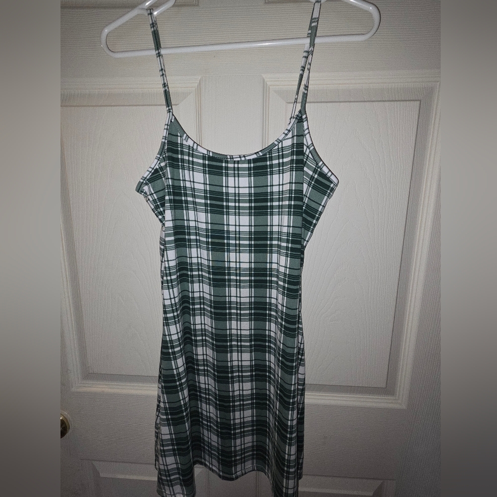 Women's 90s Inspired Green and White Plaid Slip Dress Size L